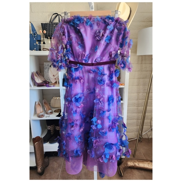 Marchesa Notte Off-the-Shoulder Blouson-Sleeve Tulle Dress w/ 3D Flowers… - Picture 6 of 13